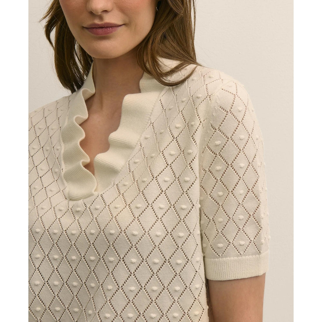 Cotton Viscose Short-Sleeve Ruffle Sweater