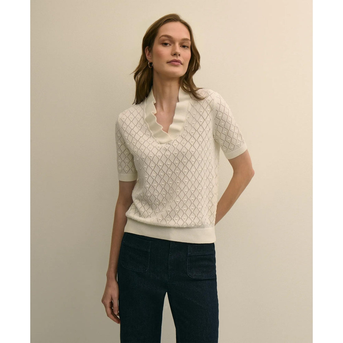 Cotton Viscose Short-Sleeve Ruffle Sweater