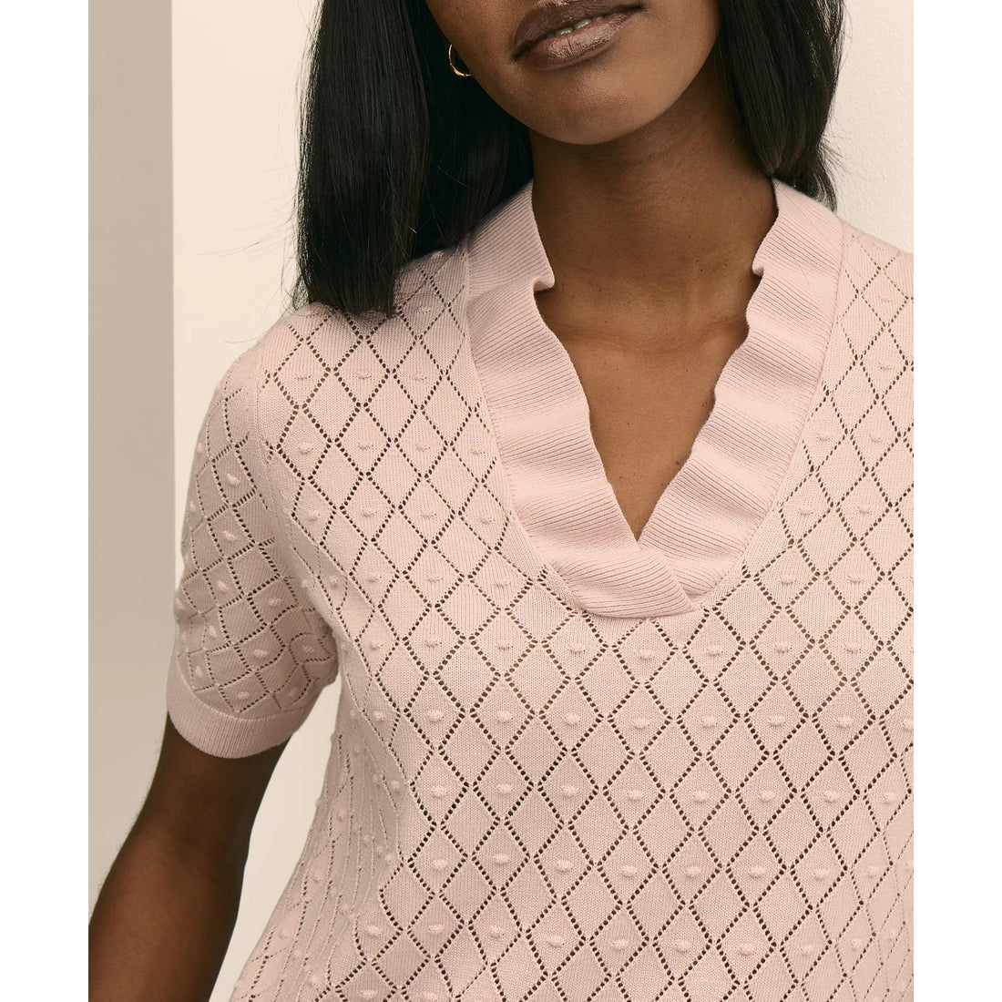 Cotton Viscose Short-Sleeve Ruffle Sweater