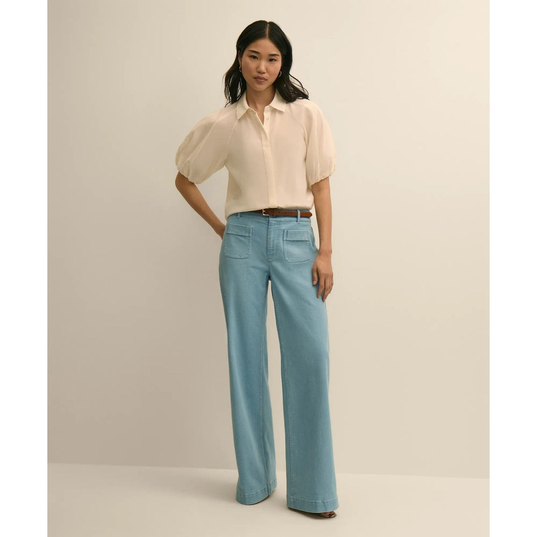 Silk-Cotton Elbow-Bubble-Sleeve Shirt