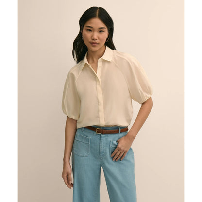 Silk-Cotton Elbow-Bubble-Sleeve Shirt