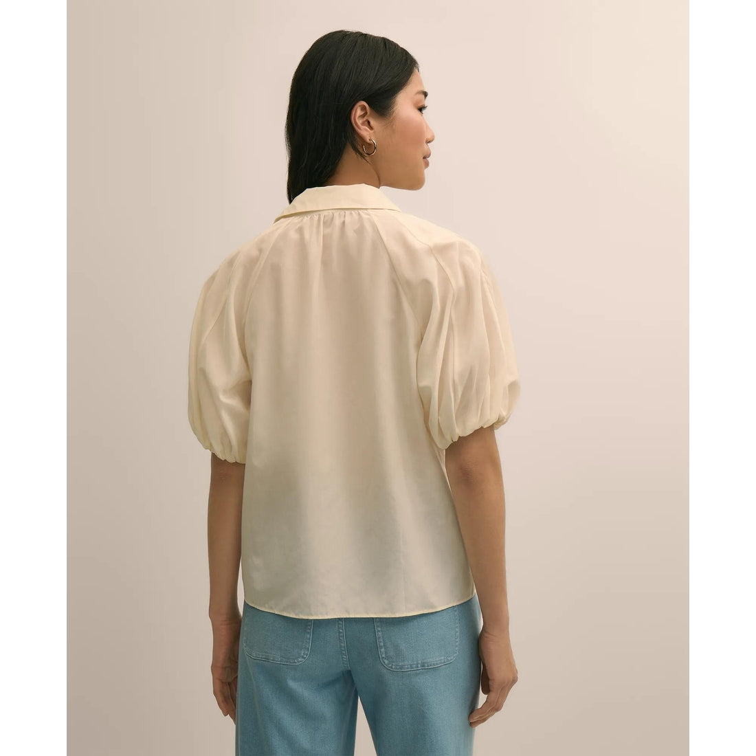 Silk-Cotton Elbow-Bubble-Sleeve Shirt