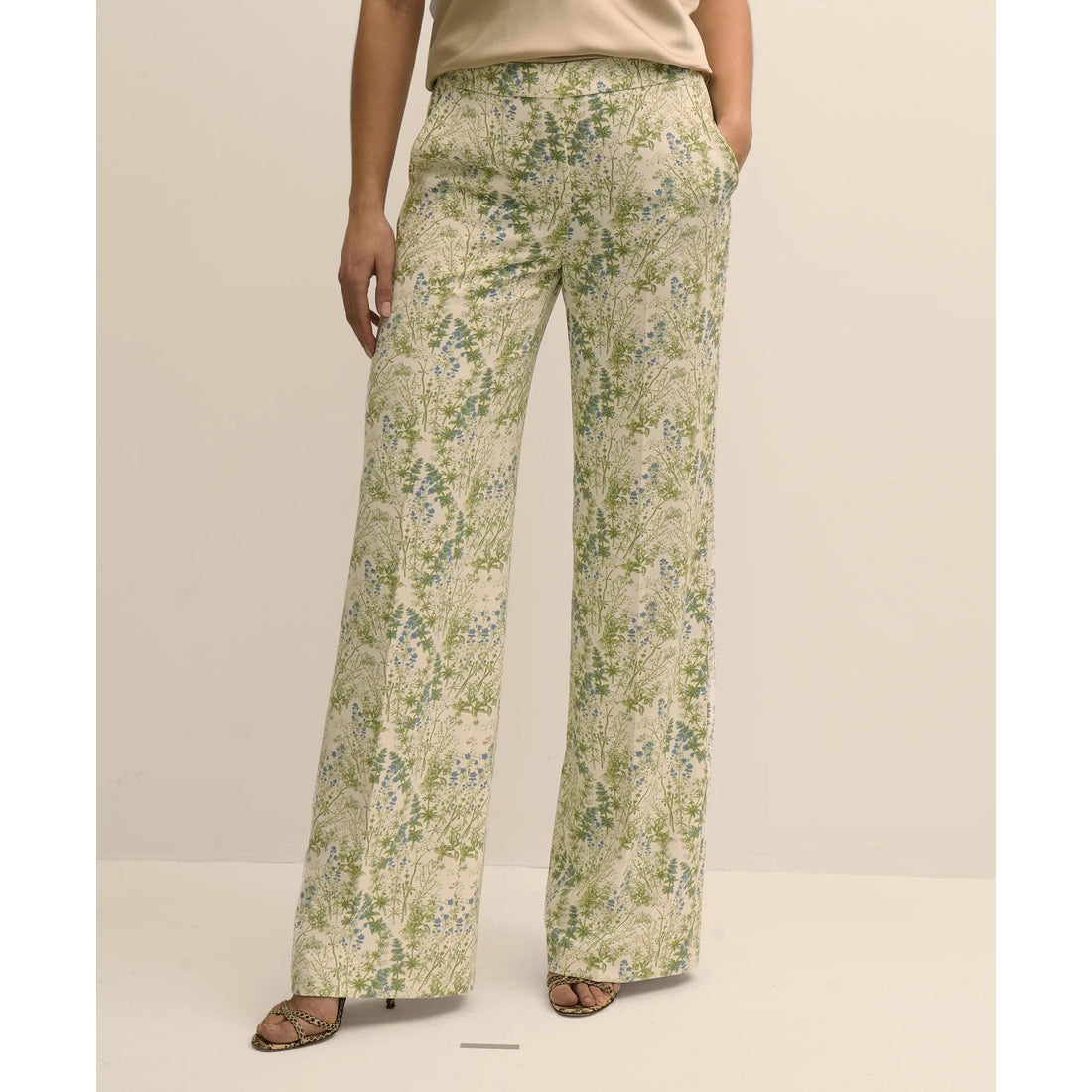 Crepe Botanical Print Wide-Leg Pants