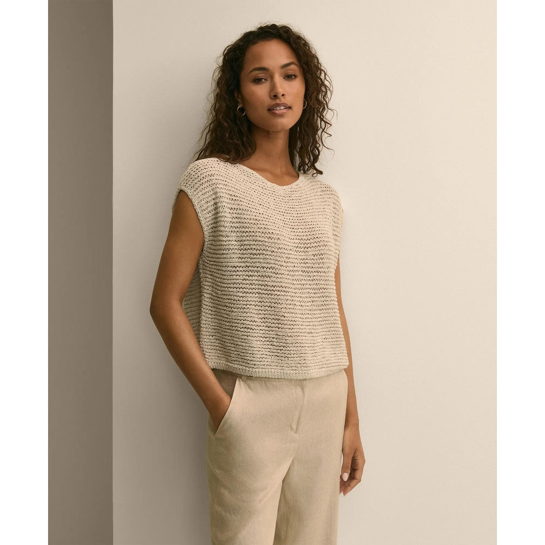 Relaxed Cotton Blend Short-Sleeve Shimmer Sweater