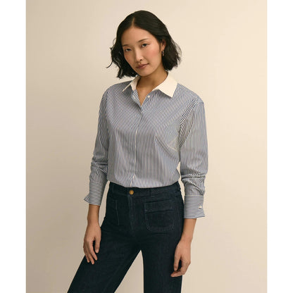 Supima Cotton Contrast-Collar Stripe Shirt with French Cuffs