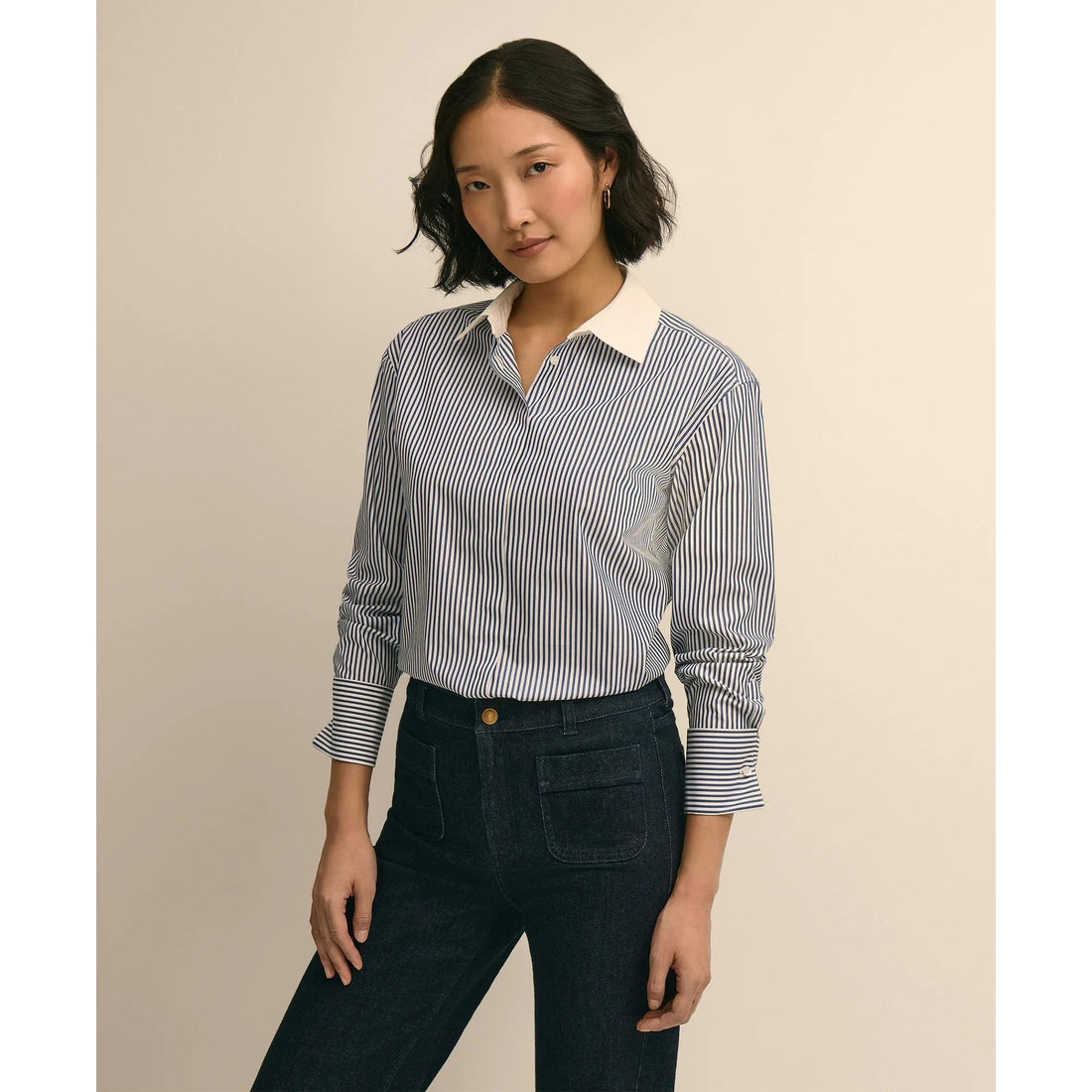 Supima Cotton Contrast-Collar Stripe Shirt with French Cuffs