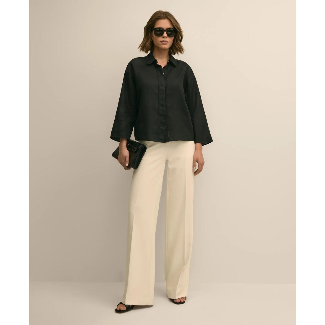 Linen Relaxed Bell-Sleeve Cropped Shirt