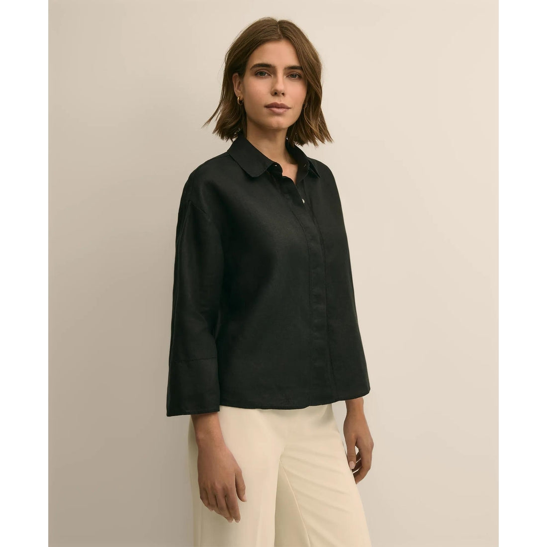 Linen Relaxed Bell-Sleeve Cropped Shirt