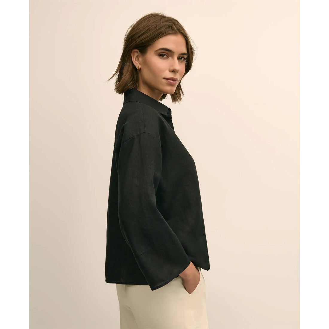 Linen Relaxed Bell-Sleeve Cropped Shirt