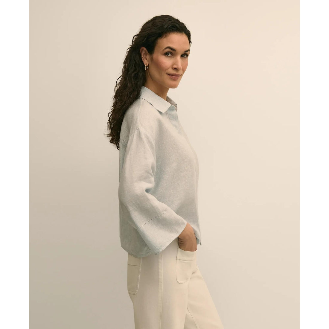 Linen Relaxed Bell-Sleeve Cropped Shirt