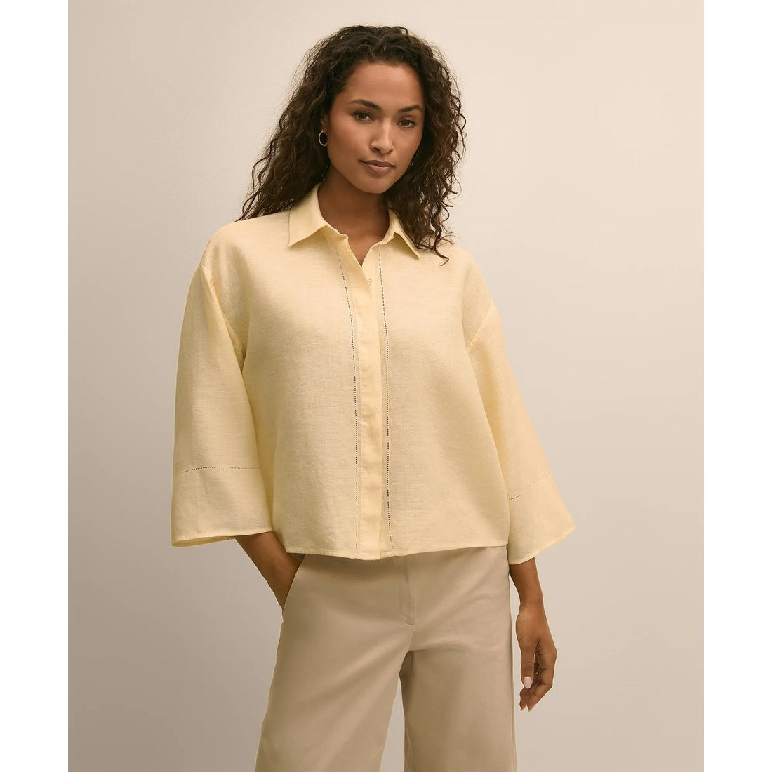 Linen Relaxed Bell-Sleeve Cropped Shirt