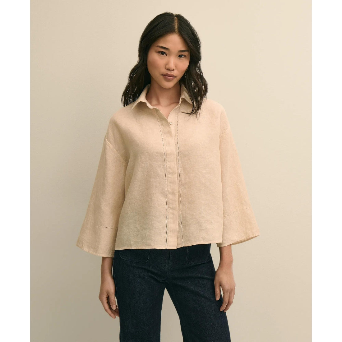 Linen Relaxed Bell-Sleeve Cropped Shirt