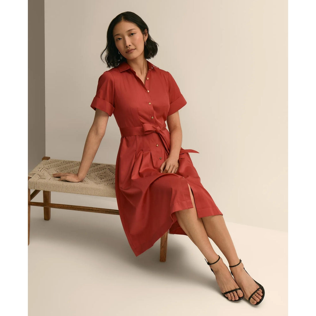 Cotton Sateen Short-Sleeve Belted Shirt Dress