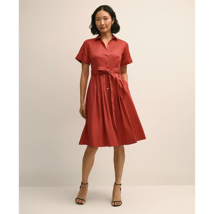Cotton Sateen Short-Sleeve Belted Shirt Dress