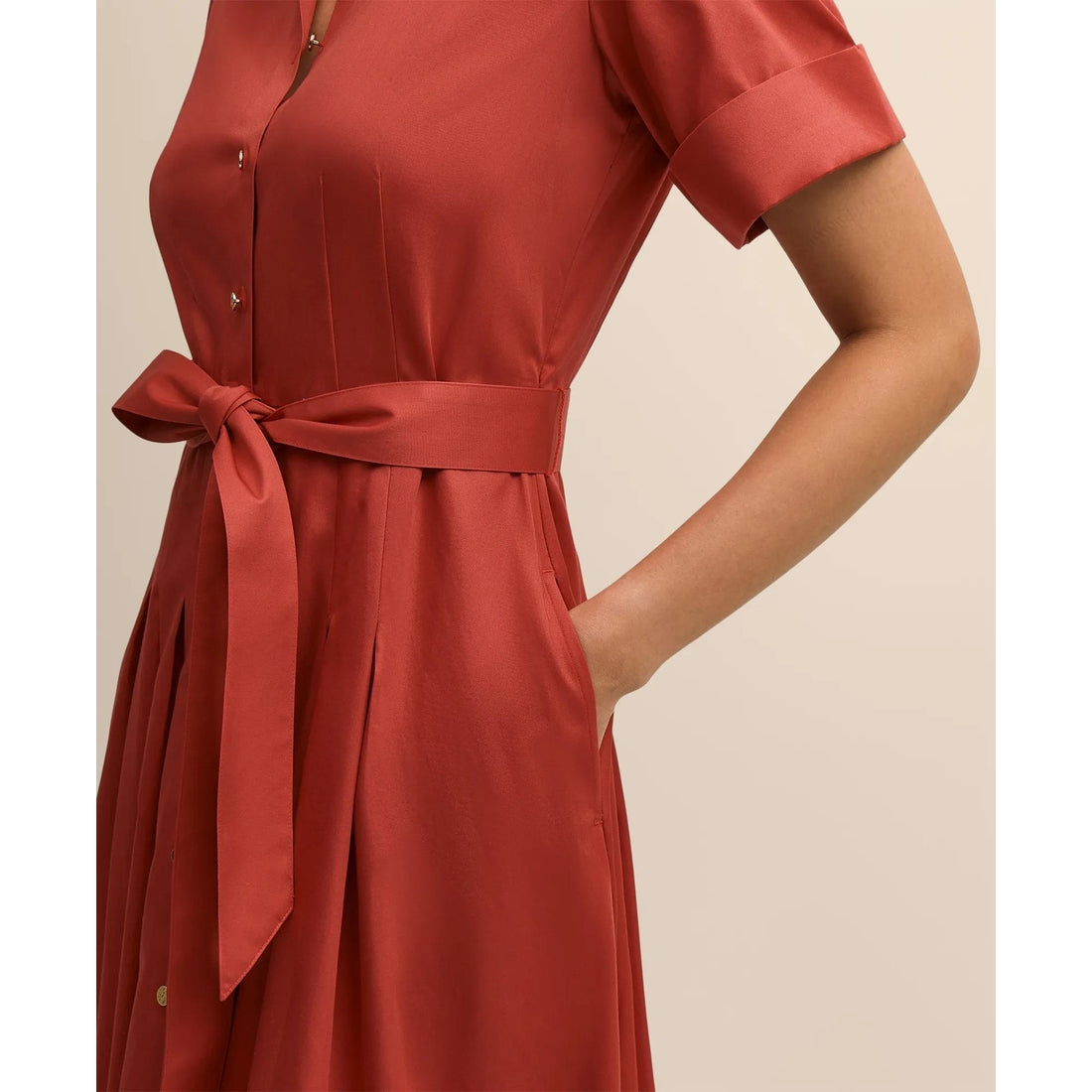 Cotton Sateen Short-Sleeve Belted Shirt Dress