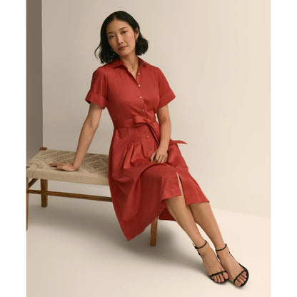 Cotton Sateen Short-Sleeve Belted Shirt Dress