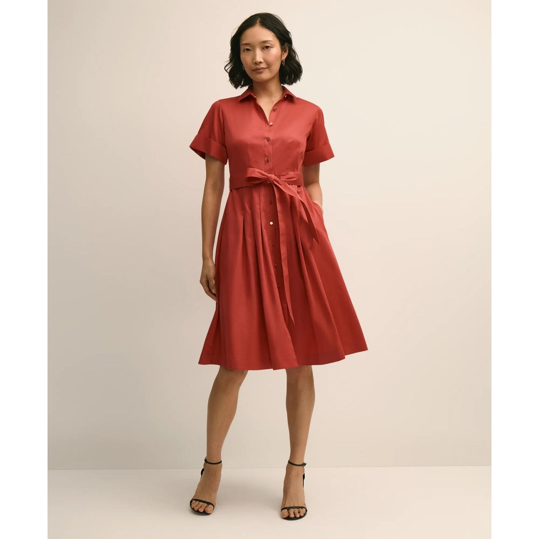 Cotton Sateen Short-Sleeve Belted Shirt Dress