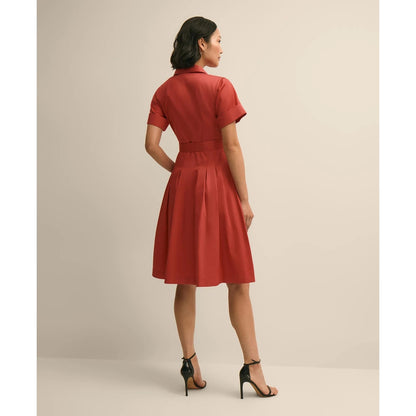 Cotton Sateen Short-Sleeve Belted Shirt Dress