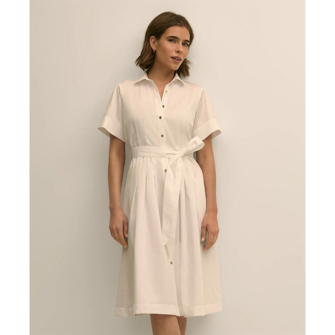 Cotton Sateen Short-Sleeve Belted Shirt Dress