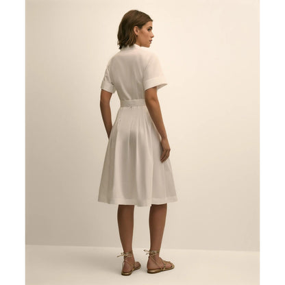 Cotton Sateen Short-Sleeve Belted Shirt Dress