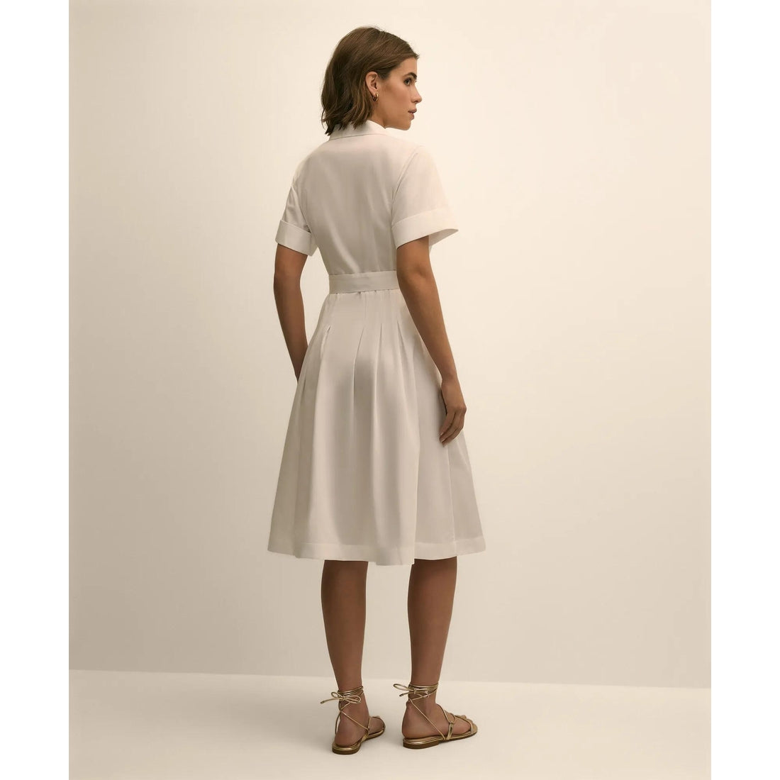 Cotton Sateen Short-Sleeve Belted Shirt Dress