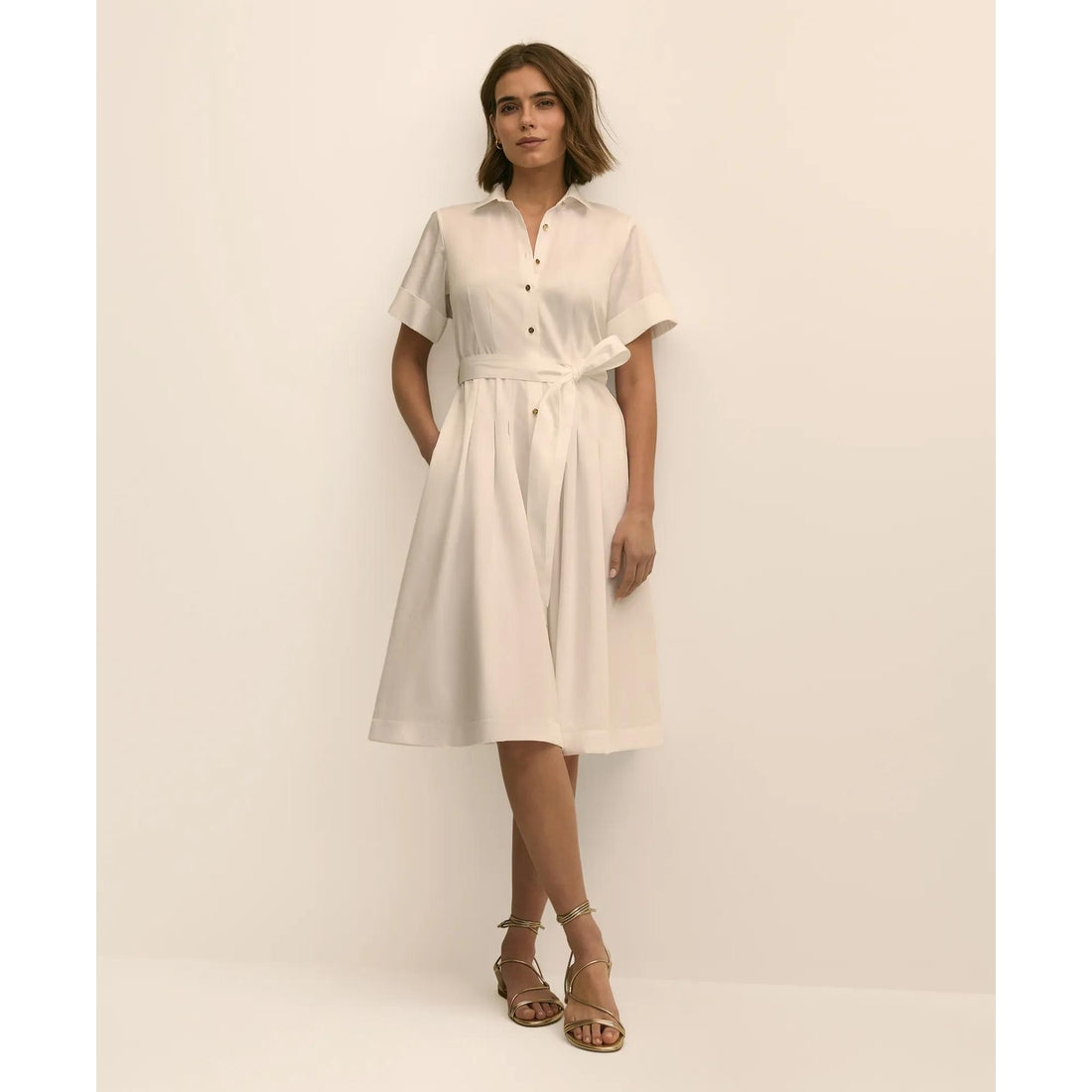 Cotton Sateen Short-Sleeve Belted Shirt Dress
