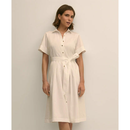 Cotton Sateen Short-Sleeve Belted Shirt Dress