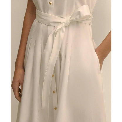 Cotton Sateen Short-Sleeve Belted Shirt Dress