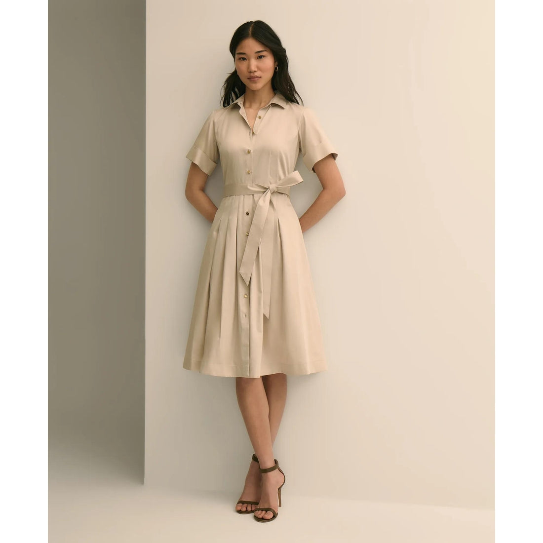 Cotton Sateen Short-Sleeve Belted Shirt Dress
