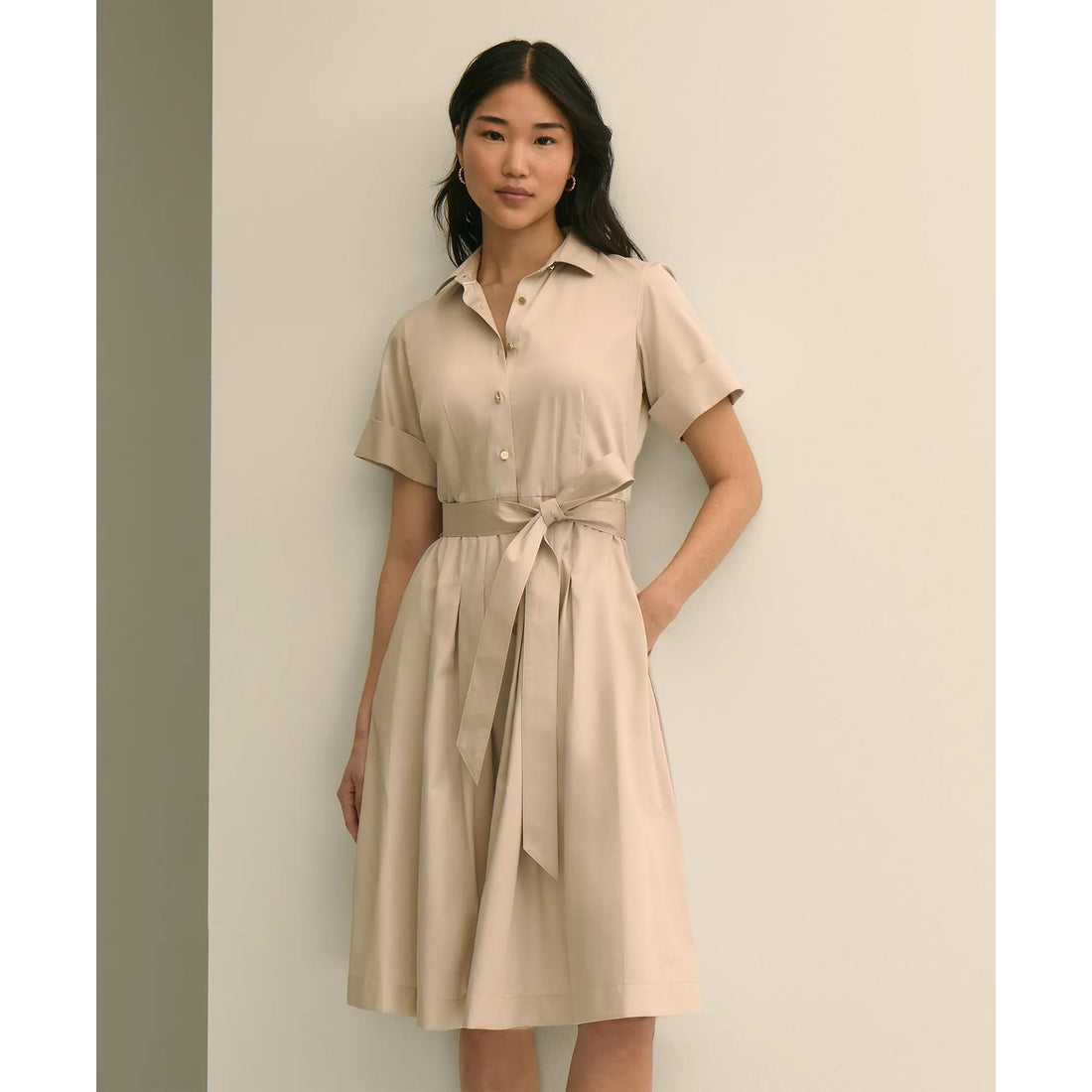 Cotton Sateen Short-Sleeve Belted Shirt Dress