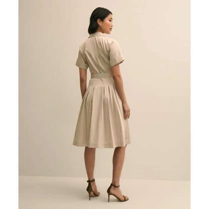 Cotton Sateen Short-Sleeve Belted Shirt Dress