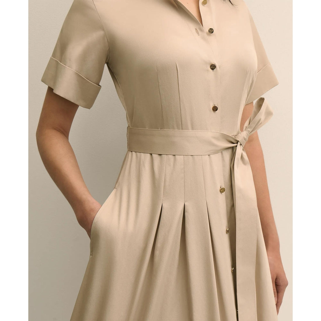 Cotton Sateen Short-Sleeve Belted Shirt Dress