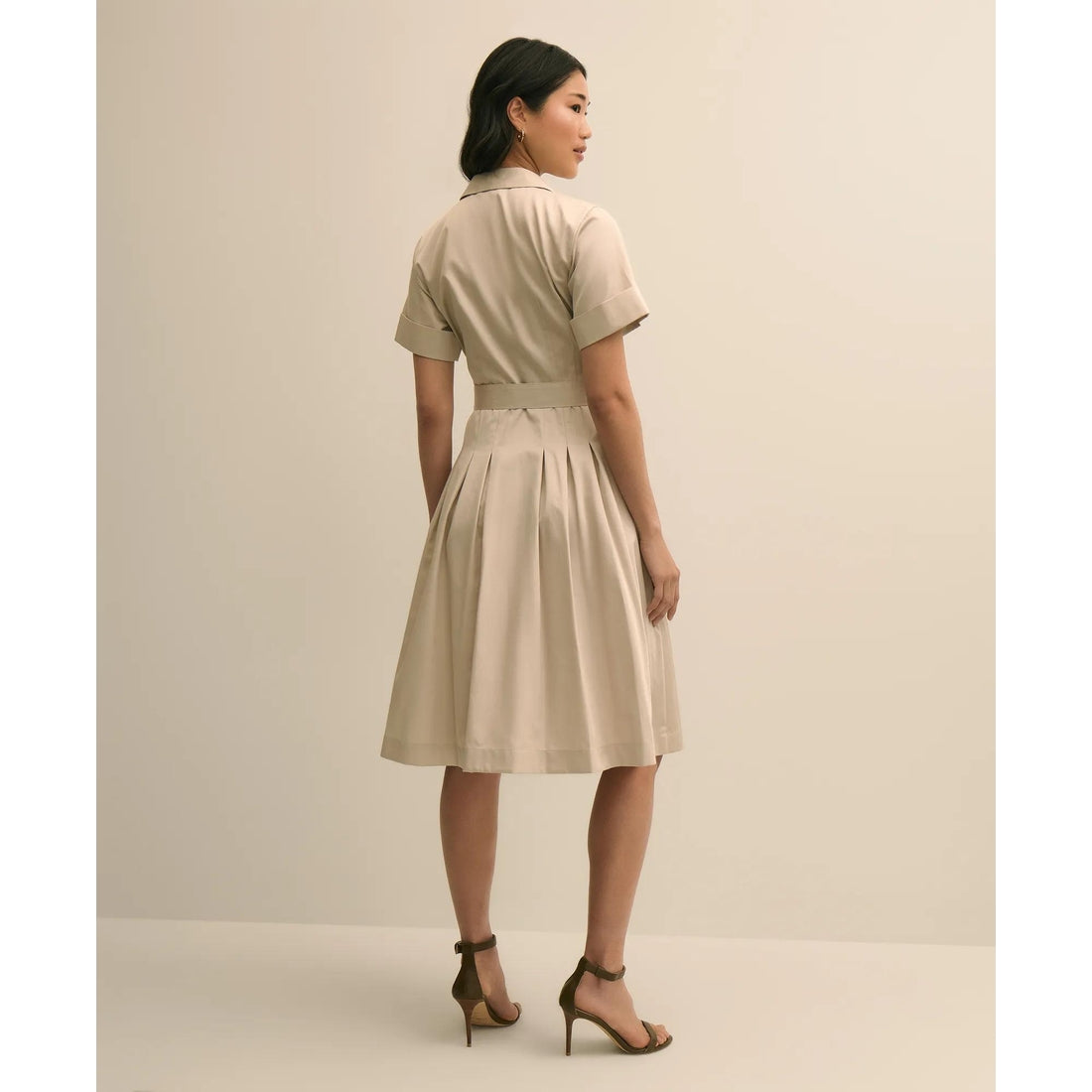 Cotton Sateen Short-Sleeve Belted Shirt Dress