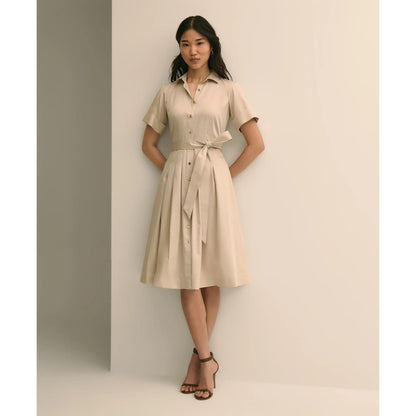 Cotton Sateen Short-Sleeve Belted Shirt Dress