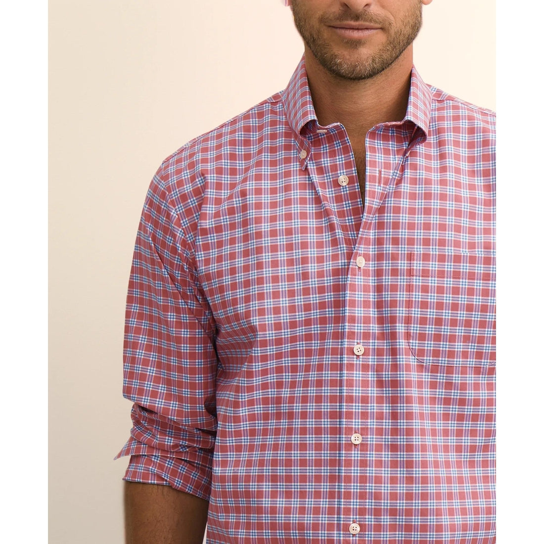 Stretch Supima Cotton Non-Iron Broadcloth Polo Button-Down Collar, Check Sport Shirt