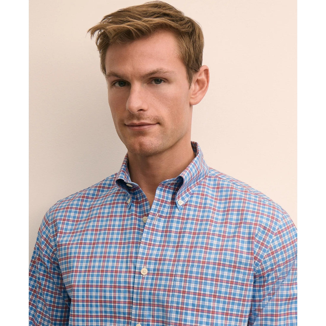 Stretch Supima Cotton Non-Iron Broadcloth Polo Button-Down Collar, Check Sport Shirt