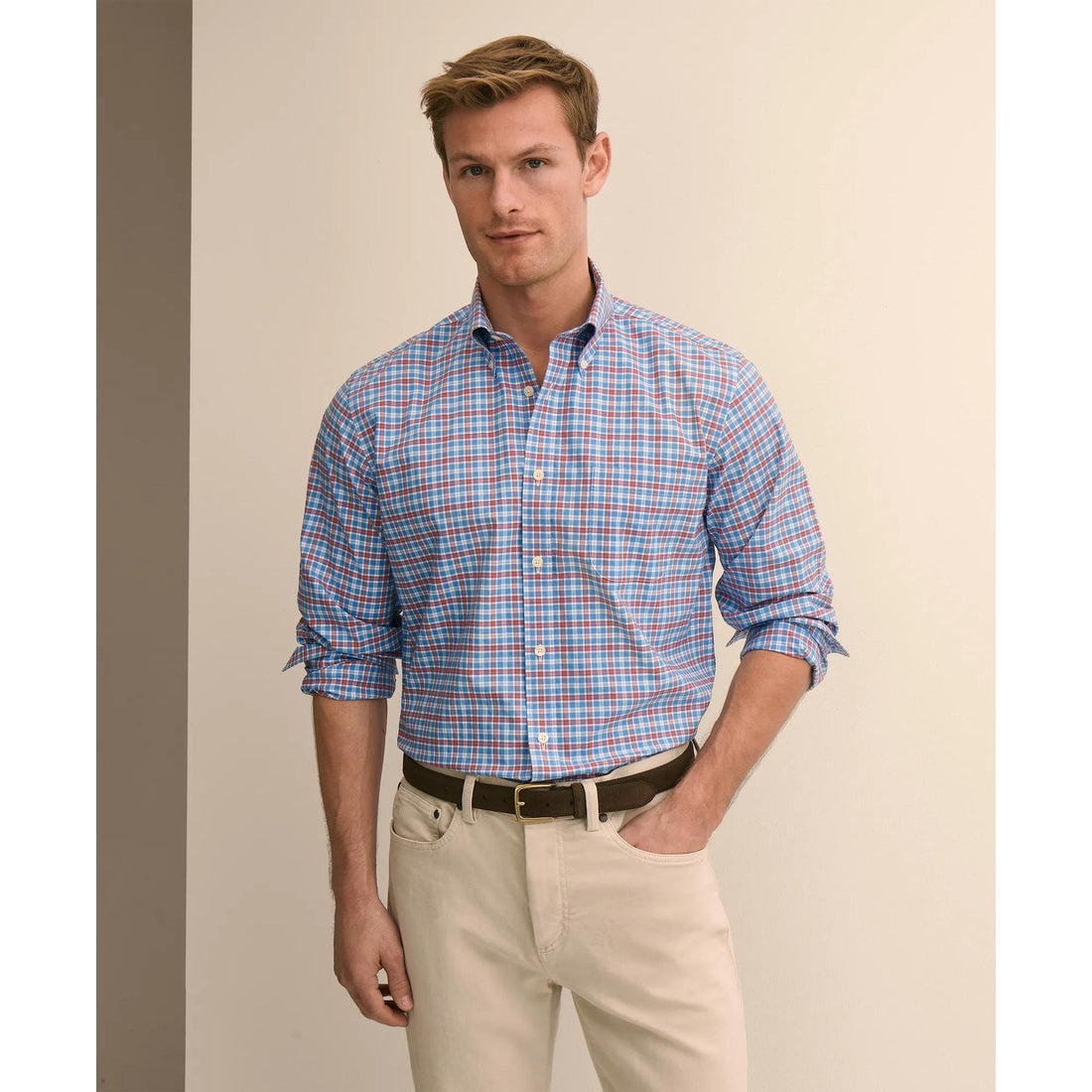 Stretch Supima Cotton Non-Iron Broadcloth Polo Button-Down Collar, Check Sport Shirt