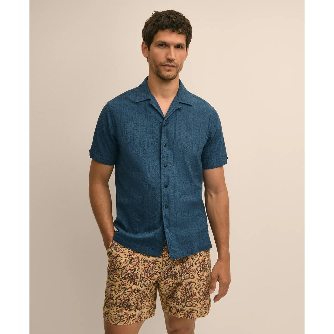 Cotton Embroidered Geo Camp Collar Short-Sleeve Shirt