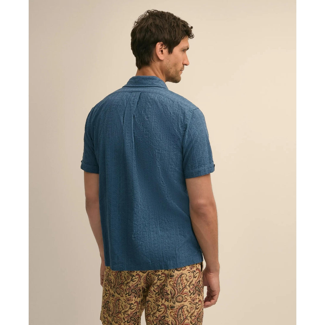 Cotton Embroidered Geo Camp Collar Short-Sleeve Shirt