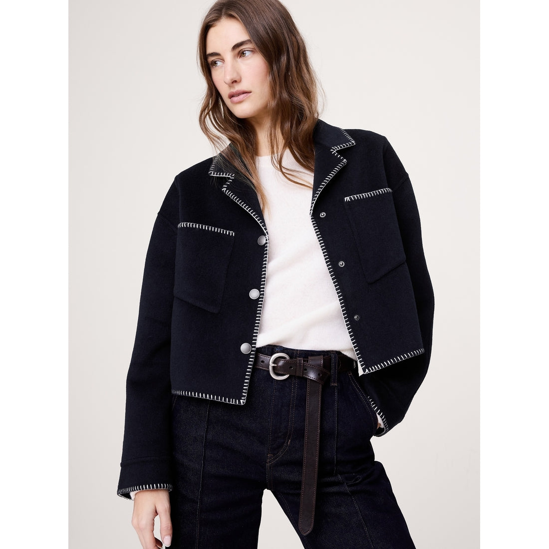 Women's Double-Faced Short Jacket With Blanket Stitch