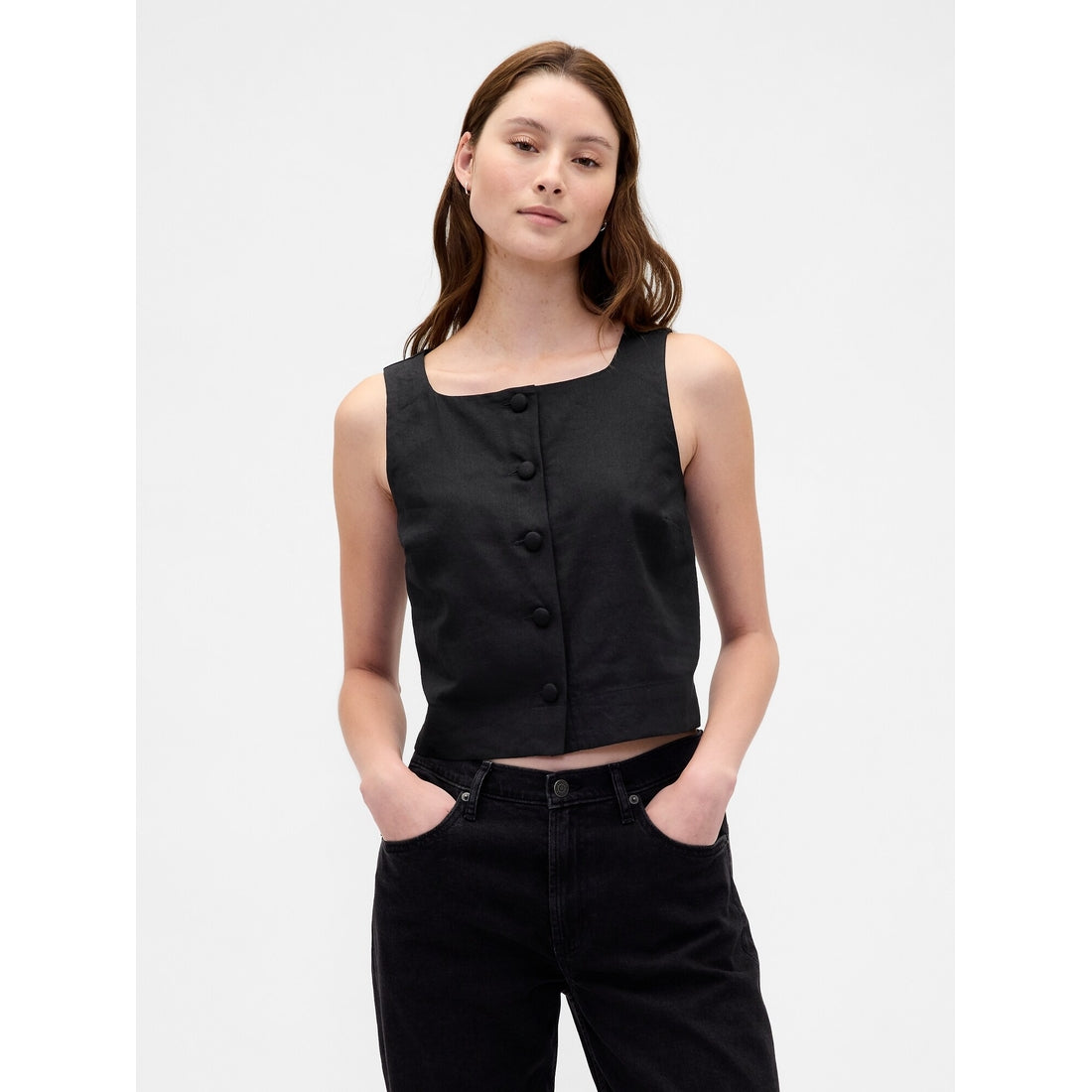Women's Linen-Blend Button-Front Shell Top