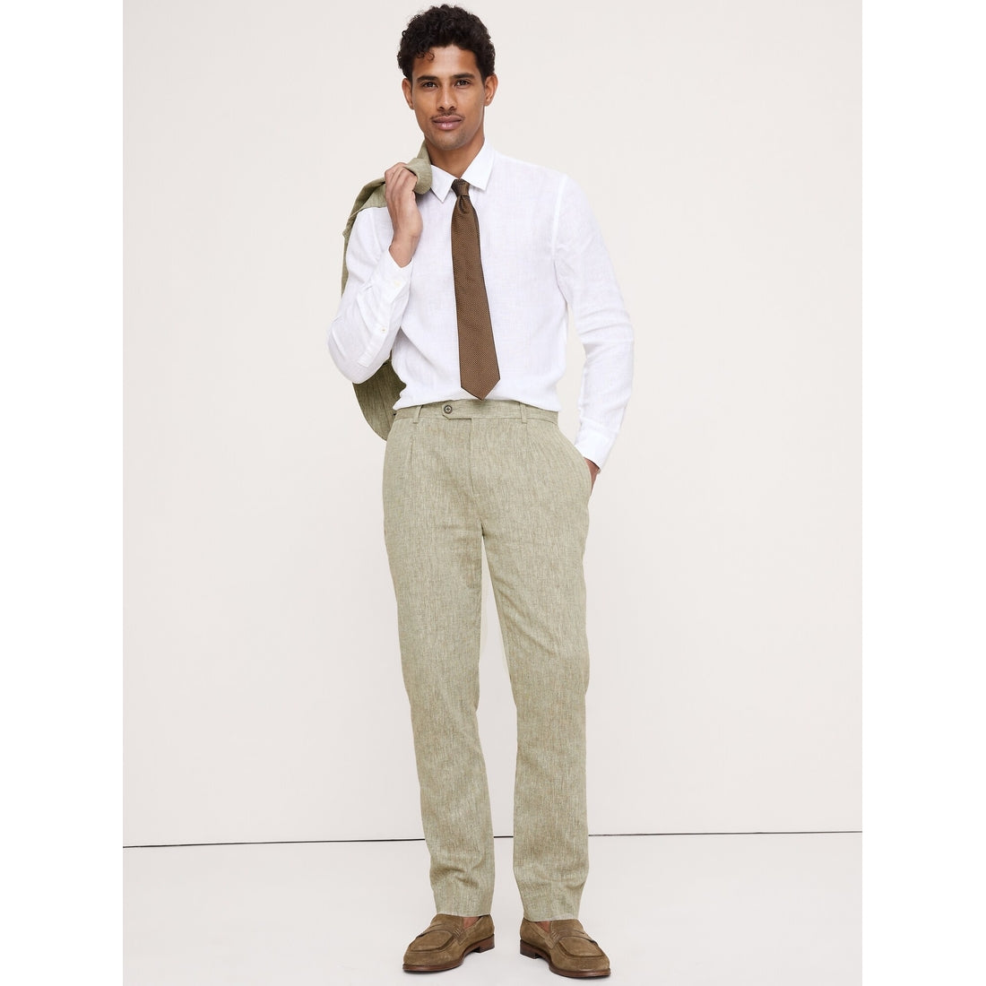 Men's Tailored Slim-Fit Green Linen-Cotton Suit Pant
