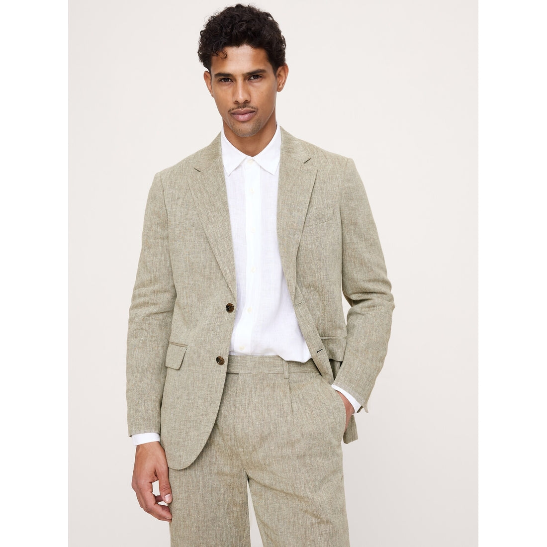 Men's Tailored Slim-Fit Green Linen-Cotton Suit Jacket