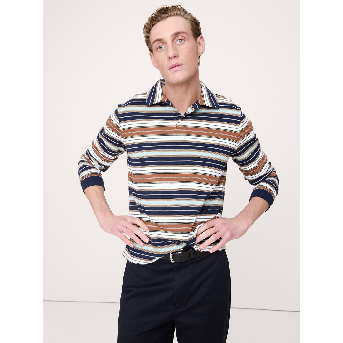 Men's Relaxed Stripe Cotton Johnny-Collar Polo Shirt