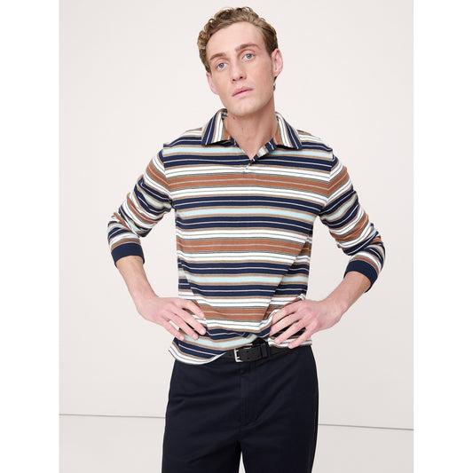 Men's Relaxed Stripe Cotton Johnny-Collar Polo Shirt
