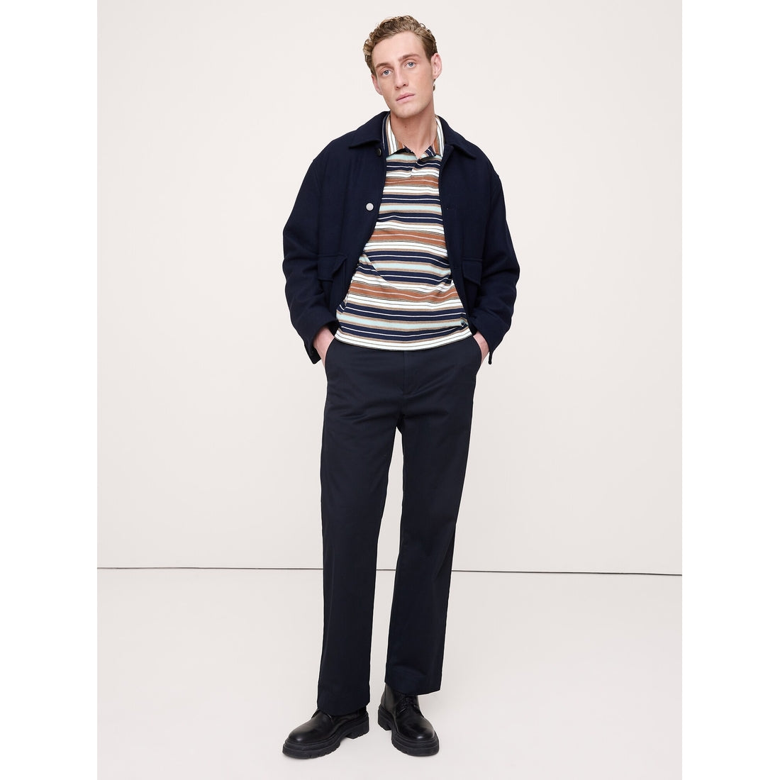 Men's Relaxed Stripe Cotton Johnny-Collar Polo Shirt