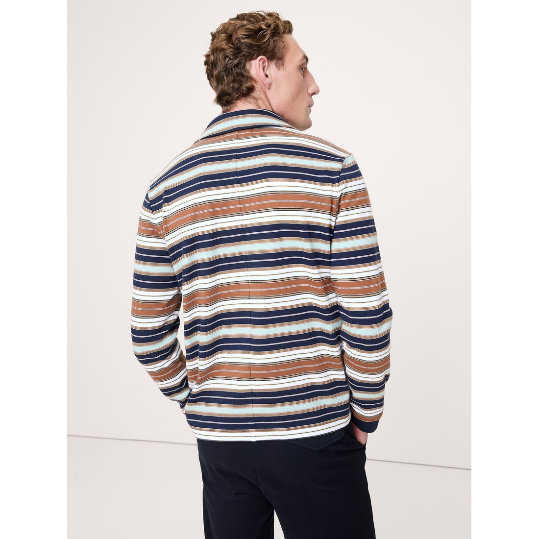 Men's Relaxed Stripe Cotton Johnny-Collar Polo Shirt