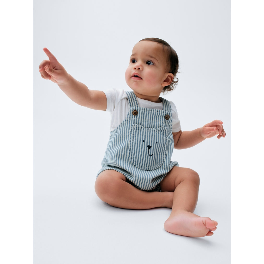 Toddler Denim Stripe Bear Pocket Bubble Overalls
