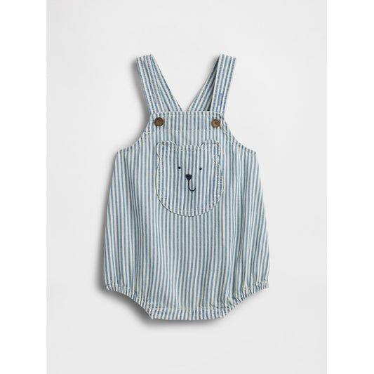 Toddler Denim Stripe Bear Pocket Bubble Overalls