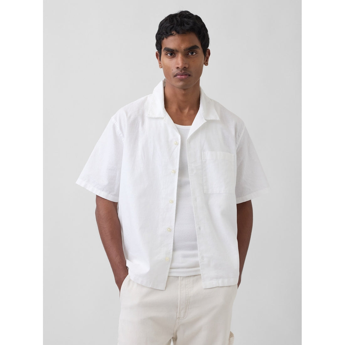Men's Linen-Cotton Relaxed Straight-Hem Shirt